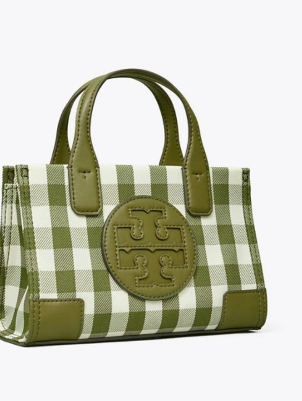 Tory Burch ‘Ella’ Olive Green and White Gingham Mini Tote
